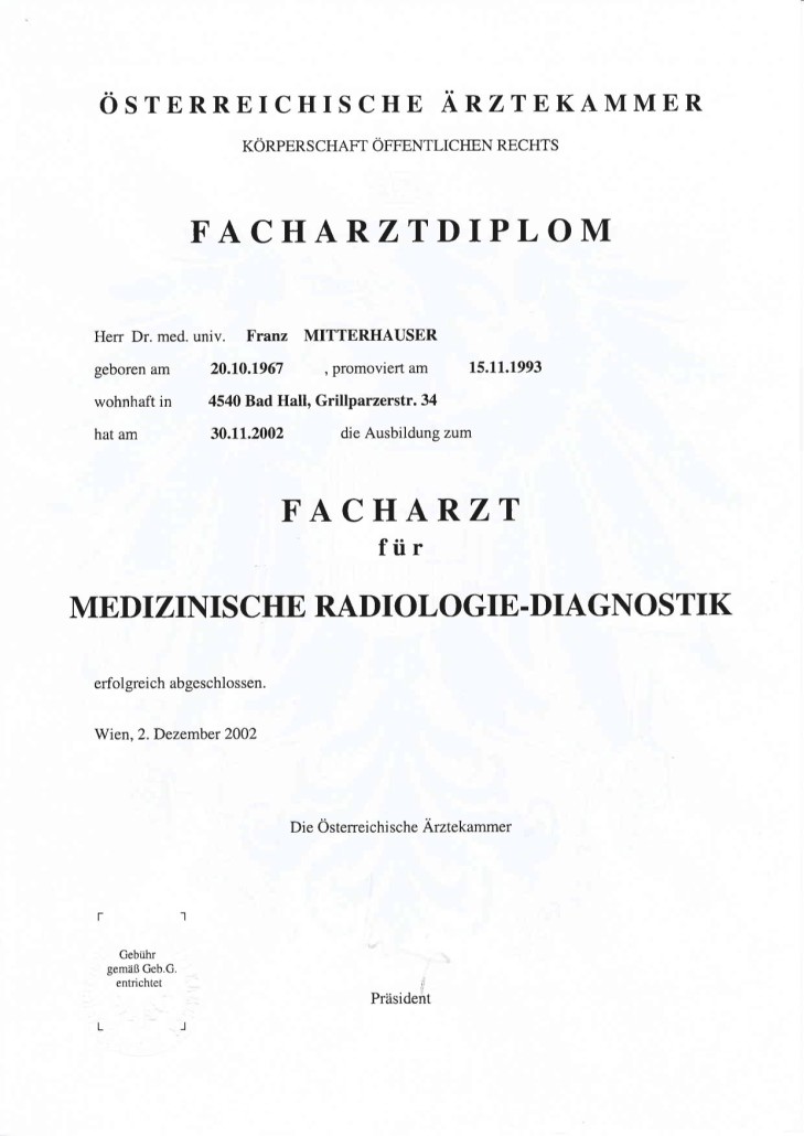 Facharztdiplom für medizinische Radiologie-Diagnostik